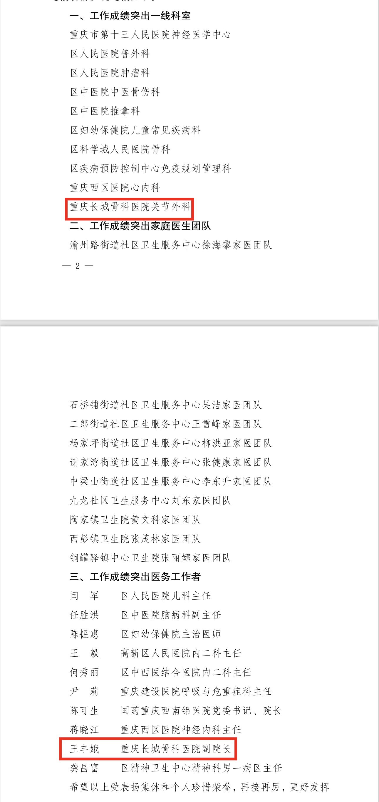 喜讯！重庆长城骨科医院的他们获九龙坡区政府通报表扬！